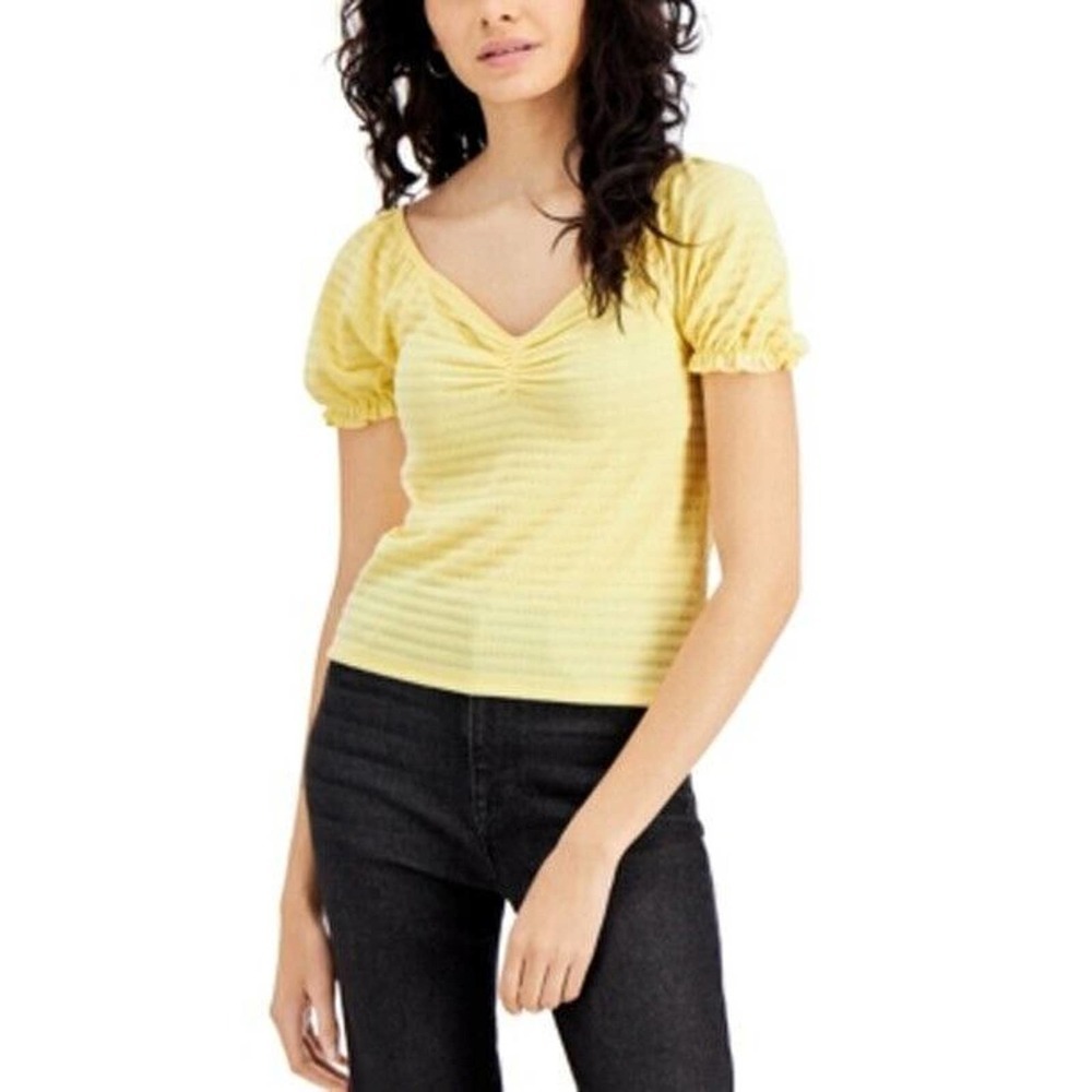 JR654 Planet Gold Yellow Juniors' Ruched Puff-Sleeve Top Size XL